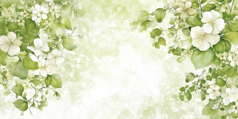 Fototapeta premium Delicate Floral Arrangement on Distressed Watercolor, White Flowers and Green Foliage Background