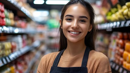 female retail worker supermarket employee smiling at camera representing young professional staff friendly customer service grocery assistant concept