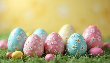 Beautifully Decorated Easter Eggs with Floral Designs on a Grass Surface
