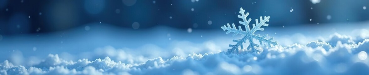 A solitary blue snowflake floats above the ground, winter wonderland, gentle descent