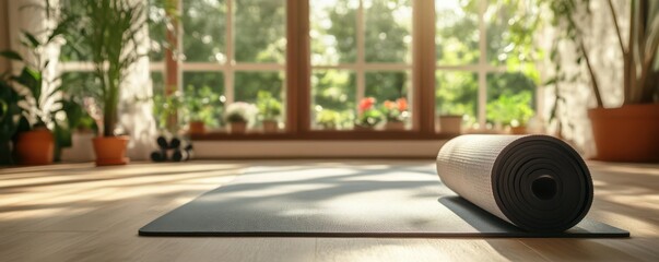 Yoga mat and fitness equipment in a peaceful home setting.