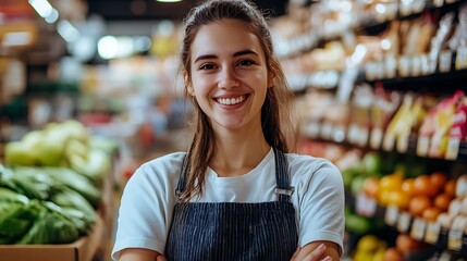 supermarket female worker smiling at camera highlighting young professional retail employee friendly staff customer service grocery store assistant concept