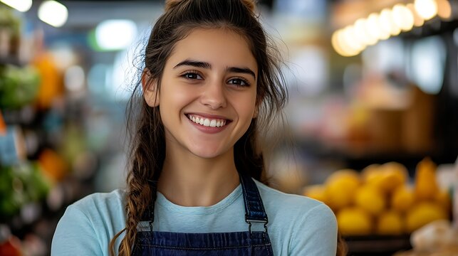 supermarket female worker smiling at camera highlighting young professional retail employee friendly staff customer service grocery store assistant concept