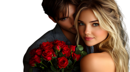 Couple Holds Red Roses, Isolated on White Background