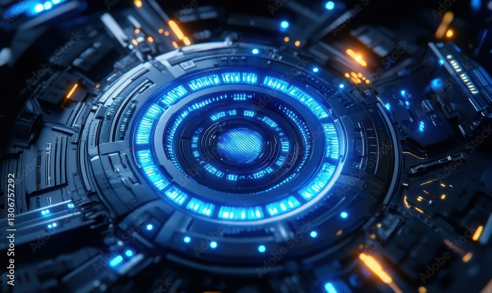 Poster high-performance computer processor glowing with blue lights, surrounded by intricate, futuristic ci