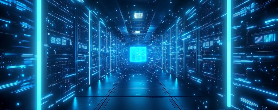 Dynamic Data Flow: Neon blue data flowing through AI-powered servers in a dark virtual room