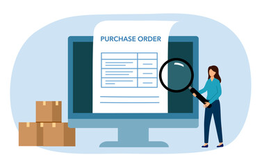 Woman checking for purchase order form in flat design. Online purchase order.