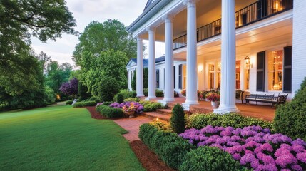 Obraz premium Beautifully landscaped home with vibrant flowers, elegant porch, and serene garden setting