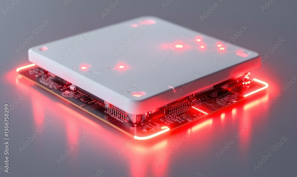 Poster minimal white processor module with glowing red circuits beneath it, futuristic electronic technolog