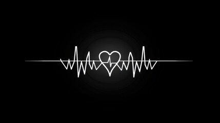 Fototapeta premium Heartbeat Line with Heart Icon on Black Background in Minimalistic Style