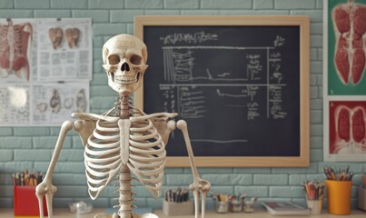 Medical classroom with a detailed skeleton model standing beside a chalkboard, surrounded by bright anatomical posters.