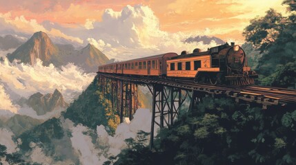 Vintage train journey through ethereal mountains and cloudscape at sunrise