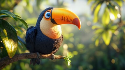 Obraz premium A vivid black and orange toucan perched elegantly, its striking beak curves upwards while it tilts its head leftward. Bright plumage catches light beautifully as it gazes rightward, embodying tropical