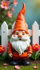 Obraz premium Smiling orange gnome, spring flowers, white fence , artwork, cottagecore