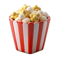 3D PNG icon of a popcorn bucket with a red and white striped design in plastic style, isolated on transparent background
