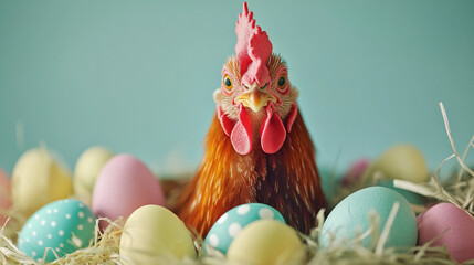 Cute Rooster Surrounded by Easter Eggs