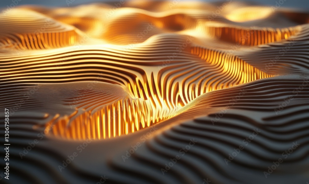 Poster bold abstract gold lines forming intricate geometric patterns illuminated by warm light on a texture