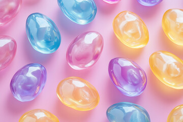 Fototapeta premium Vibrant close-up of colorful translucent gummy Easter eggs scattered across a pastel pink background. 