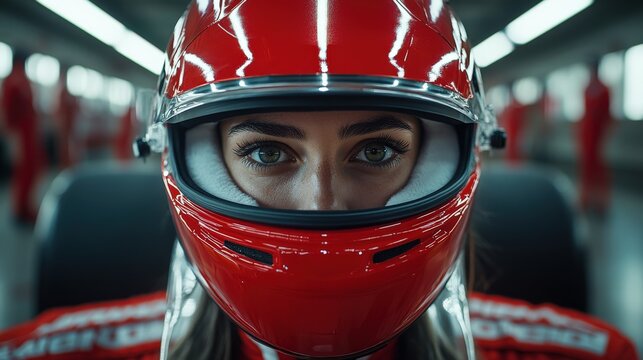 Close-up of a female race car driver's intense gaze through her red helmet visor, conveying determination and focus.