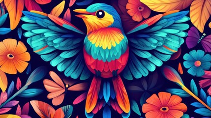 Fototapeta premium Colorful bird with vibrant wings amidst blooming flowers and butterflies.