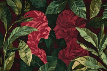 Silhouettes of Two Faces Hidden Among Tropical Leaves, Capturing Love and Connection in a Lush Environment