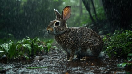 Fototapeta premium Wet rabbit in rain forest.