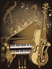 Set of abstract musical instruments like piano, guitar, saxophone, or cello as background for jazz concert or music club.