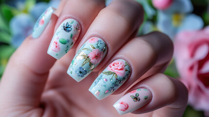 Delicate Floral Nail Art Design on Long Nails