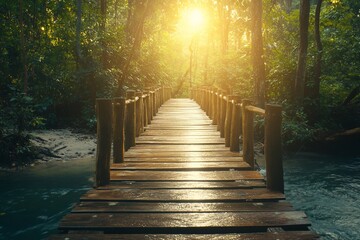 Sunlit Wooden Bridge Across Jungle Stream