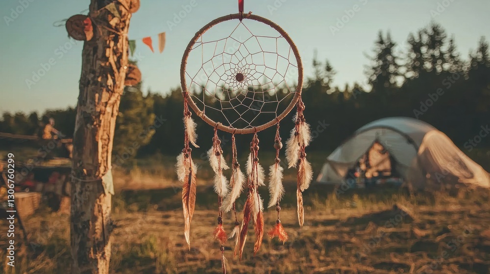 Poster dreamcatcher hanging from a tree trunk in a field. the dream catcher is made up of white and orange 