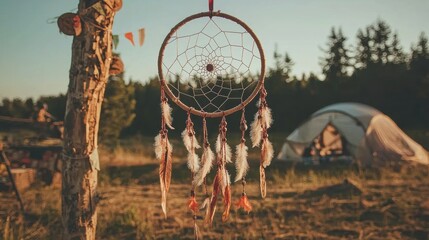 Dreamcatcher hanging from a tree trunk in a field. the dream catcher is made up of white and orange feathers, with a red string attached to it.