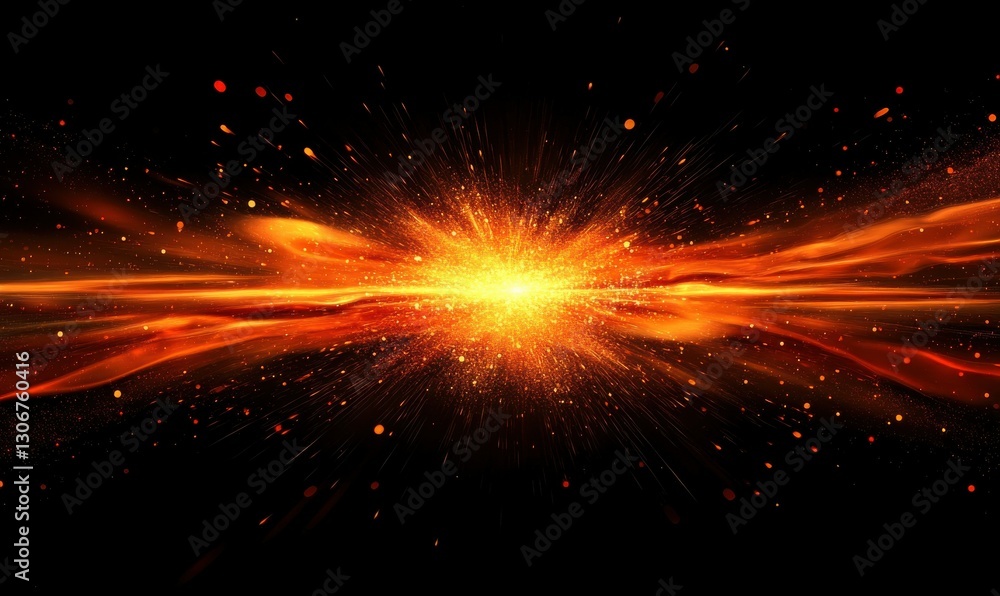 Poster dynamic explosion of glowing orange and red particles frozen mid-motion against a dark background, c