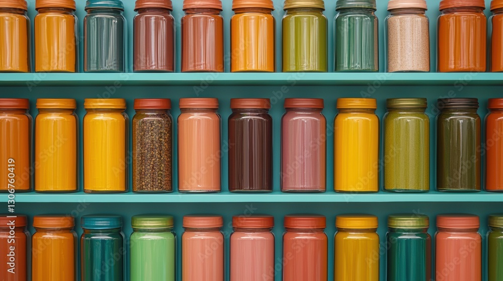 Poster blue shelf with multiple rows of glass jars of different colors. the jars are arranged in a grid-lik