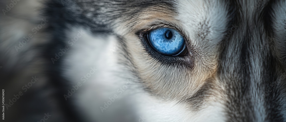 Poster close-up of a beautiful dog eye with striking blue color and intense expression capturing the unique