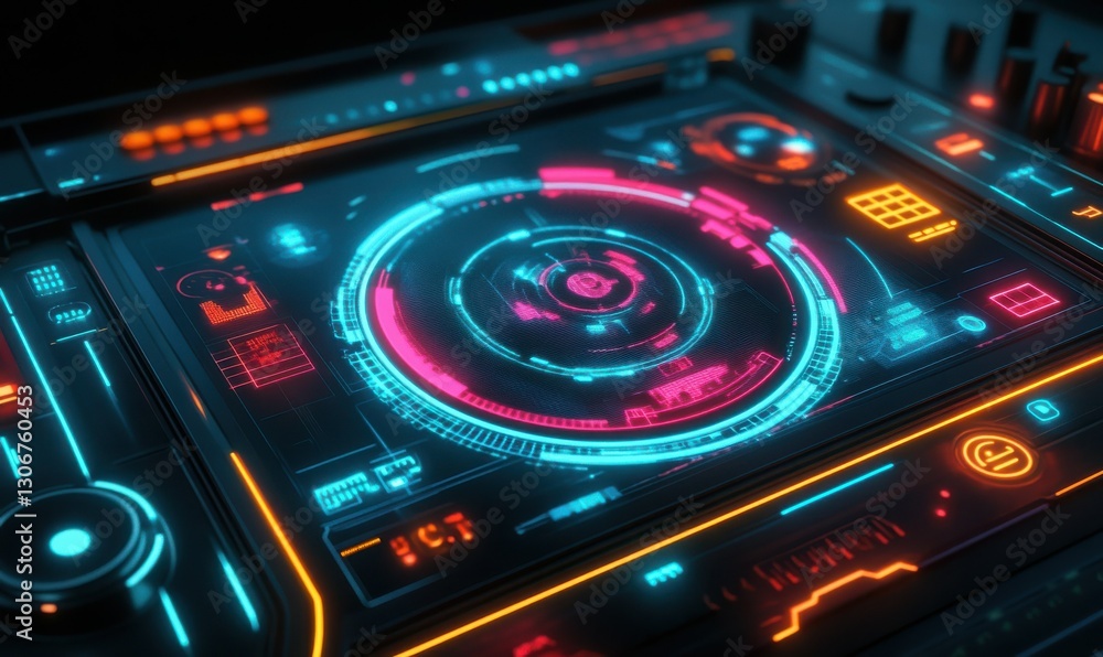 Poster dynamic futuristic data interface glowing in neon colors, symbolizing technological advancement and 