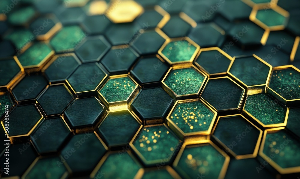 Poster dynamic geometric honeycomb pattern in shades of green and gold illuminated by glowing highlights, c