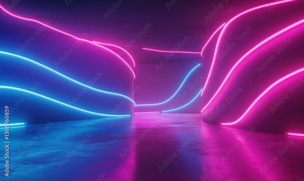 Poster dynamic rendering of vibrant pink and blue neon patterns forming abstract waves, symbolizing futuris