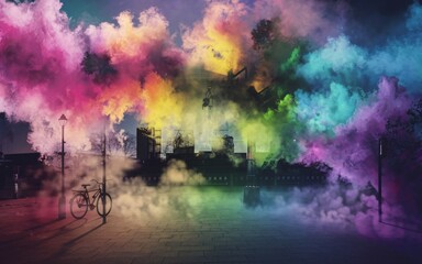 Naklejka premium Colorful Smoke Cityscape at Dusk