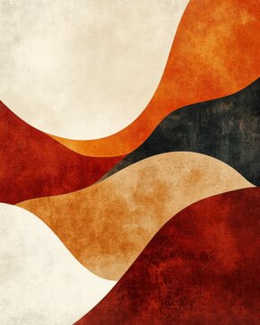 Abstract geometric landscape with wavy shapes in warm earthy tones, textured background  
