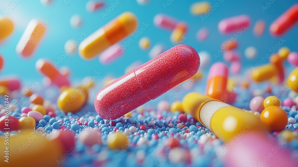 Poster dynamic floating capsules and tablets on blue background