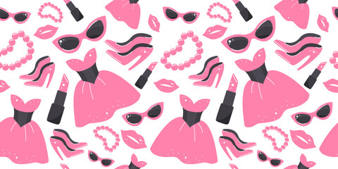 Pink trendy set, doll dress and aesthetic accessories. Girly beauty seamless background. Glamorous girl doll. Vector set isolated on white background