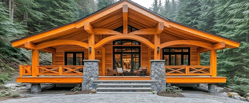 Ornate Wooden Cabin Entrance In Forest