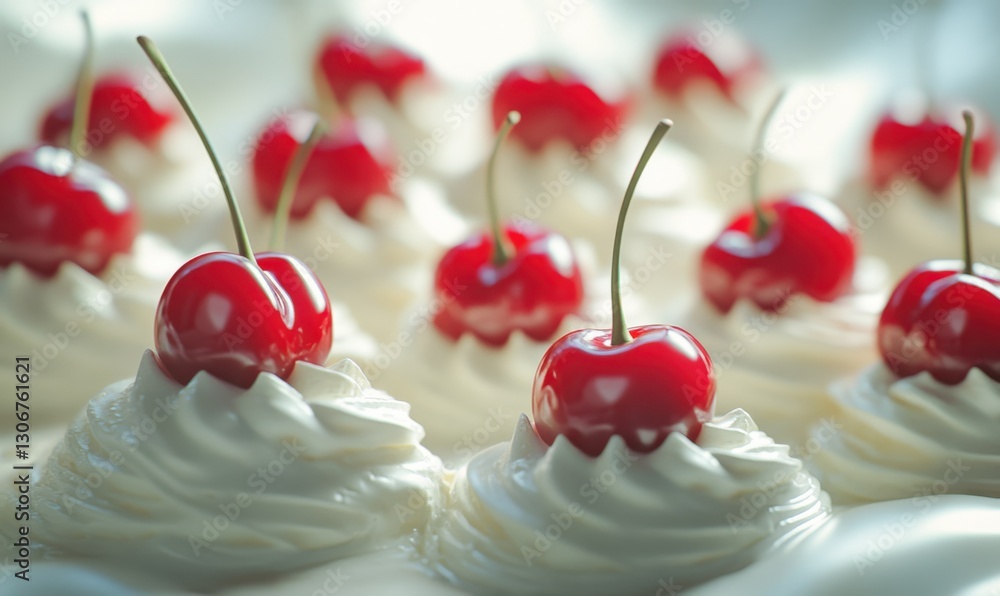 Poster fresh ripe cherries resting on whipped cream, arranged neatly on a smooth white surface illuminated 