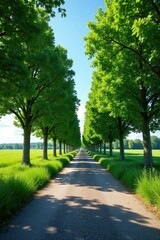 Obraz premium Sun-drenched country road meanders past towering green trees, clear blue sky backdrop, nature, idyllic, nature photography