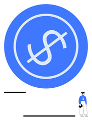 Large blue circle with dollar symbol crossed out and minimalist figure holding document underneath. Ideal for financial losses, budgeting, cost-cutting, no money, savings, economy, finance warning