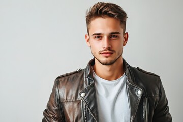 Obraz premium Portrait of a handsome young man in leather jacket looking at camera isolated over white background.