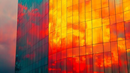 modern corporate hub with sunset reflections on glass office building facade urban skyline evening cityscape dusk business center tower workplace headquarters and architecture