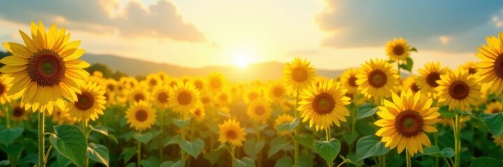 Obraz premium Sun-drenched sunflower field, dazzling summer day Tall stems sway gently , countryside, summer day, scenic