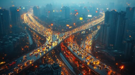 Nighttime aerial view of a massive traffic jam on a complex highway interchange in a densely populated city.  Illuminated vehicles create a striking pattern against the dark cityscape.