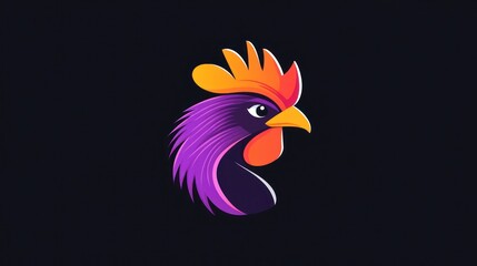 Obraz premium Colorful rooster head profile, dark background, logo design
